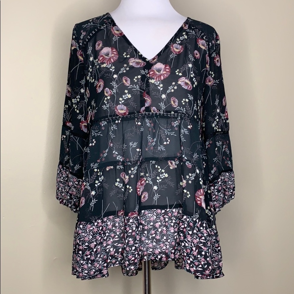 KNOX ROSE Sheer Floral V-Neck Blouse S